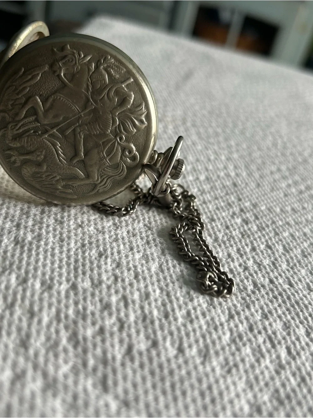 Vintage-Style Silver Pocket Watch with Turquoise and Red Accents